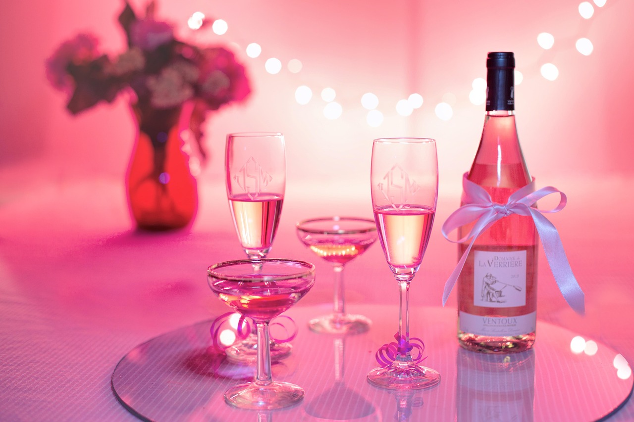 pink wine, champagne, celebration, pink, valentine's day, wedding, party, holiday, happy birthday, drink, glasses, wineglasses, wine, wine bottle, alcohol, beverage, bottle, crystal, celebrate, anniversary, pink birthday